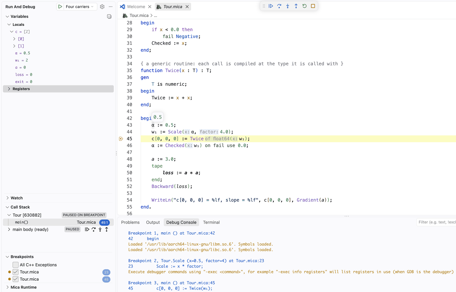 A Mica program stopped at a breakpoint: locals and registers on the left, the call stack across Mica and C, and the debug console naming every breakpoint it passed