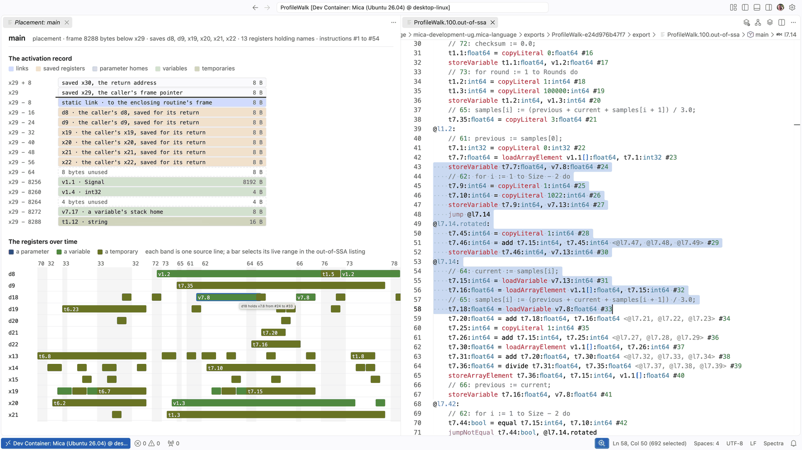 Show Placement: the activation record and the registers over time, with one live range selected in the listing