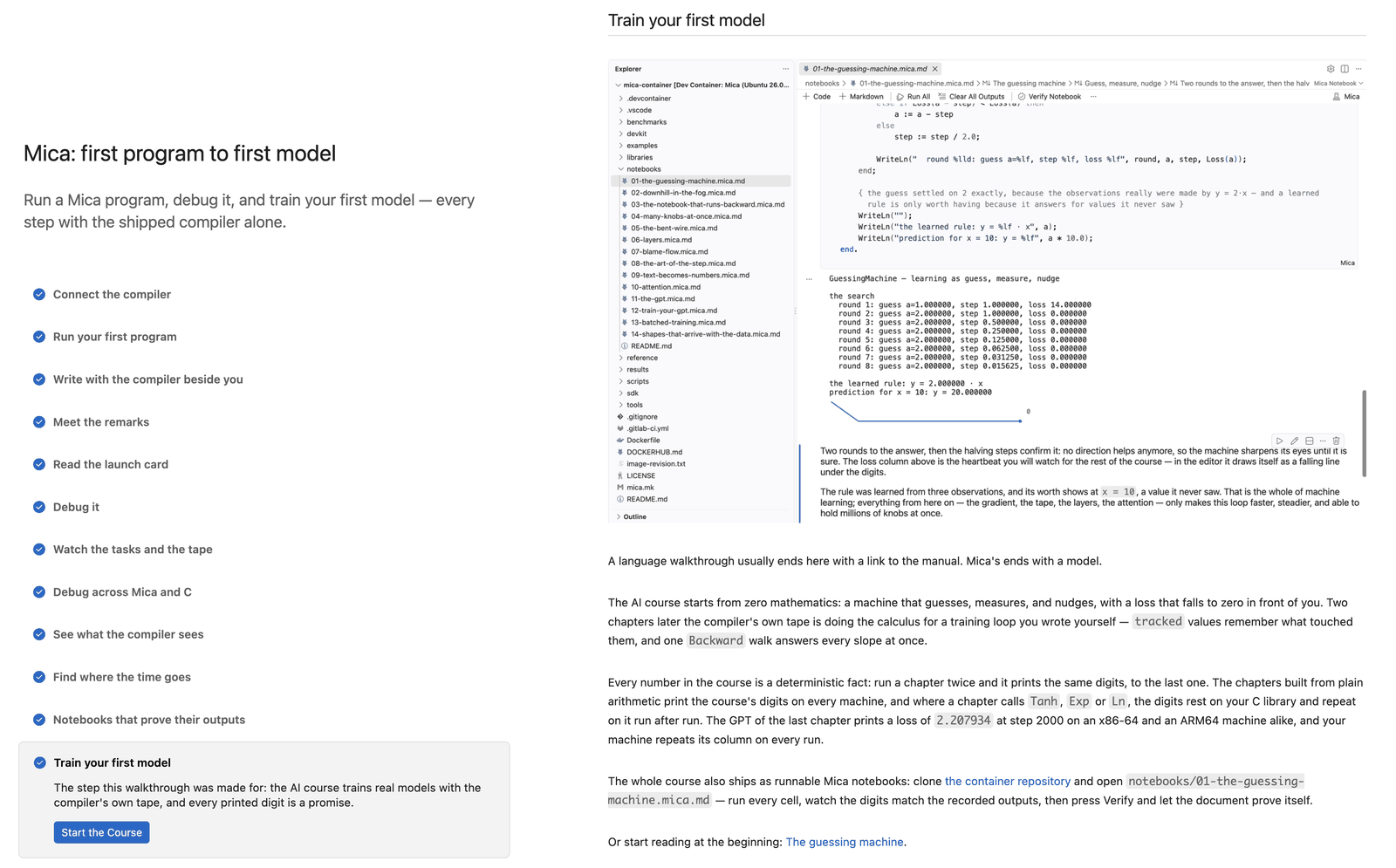 The walkthrough, every step ticked: from a first program to a first trained model